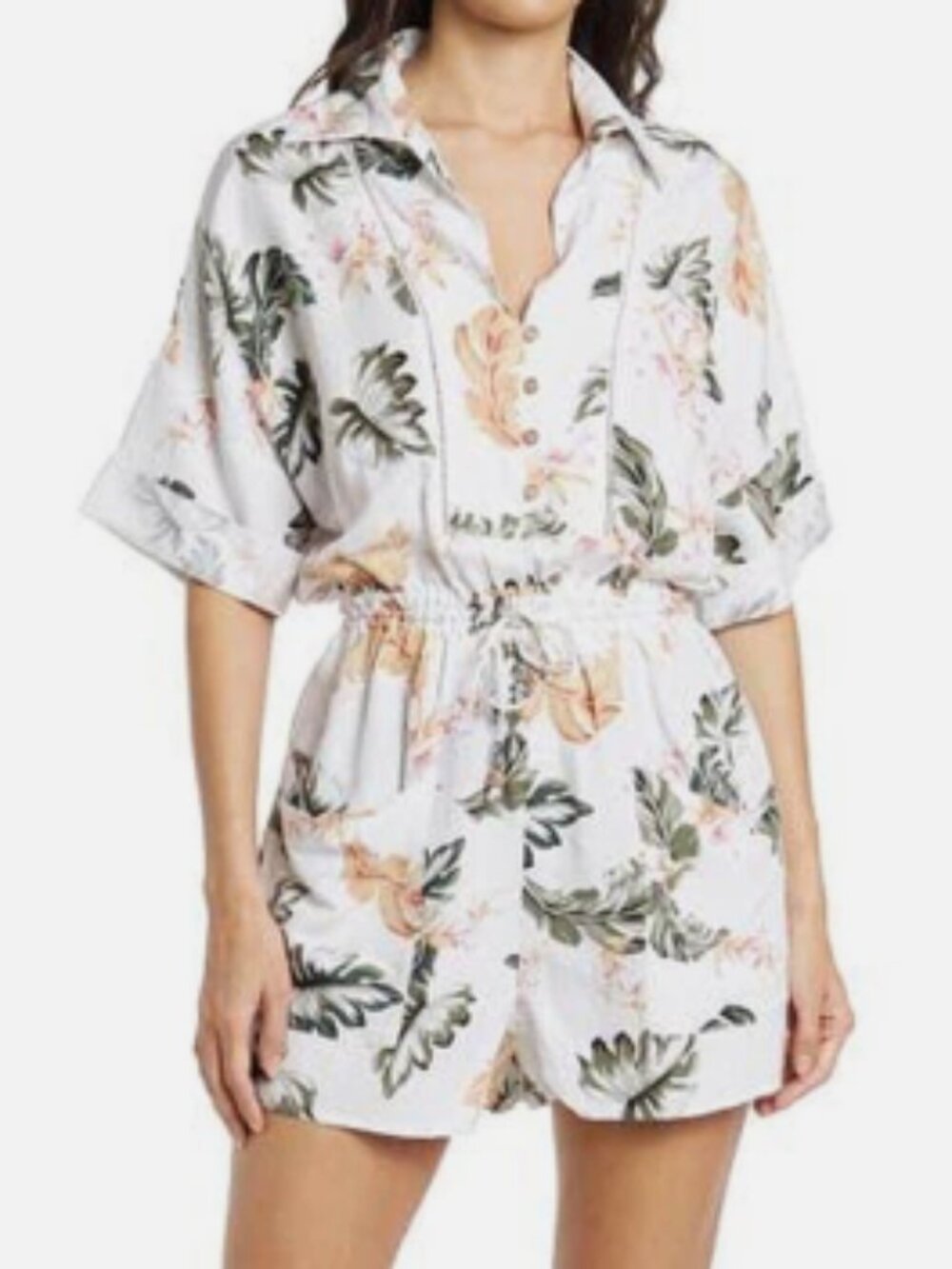 Blank NYC Romper Playsuit Tropical Green Gold White Linen Blend Boho EUC Medium
